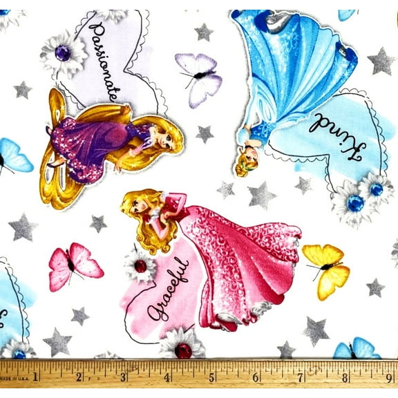 1 Fat Quarter - Disney Princess & Butterflies on White Cotton Fabric - Cinderella & Sleeping Beauty - 21" X 18"