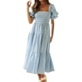 thumbnail image 4 of ZXSXSY Women Plaid Square Neck Elastic Chest Puff Sleeve Open Back Ruffled Midi Dress, 4 of 5