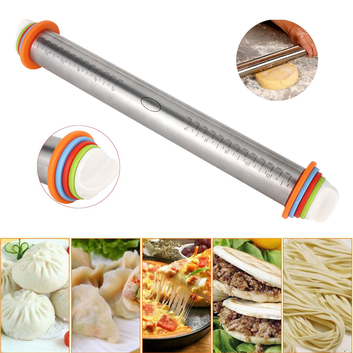 Stainless Steel Adjustable Rolling Pin Rings Beech Baking Tool 4