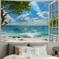 thumbnail image 2 of Chilfamy Blue Ocean Sea Tropical Island Palm Tree Seaside Window Scenic View Balcony Nature Scenery Tapestry Wall Hanging for Bedroom Aesthetic Living Room College Home Decor 60x50inch, 2 of 6