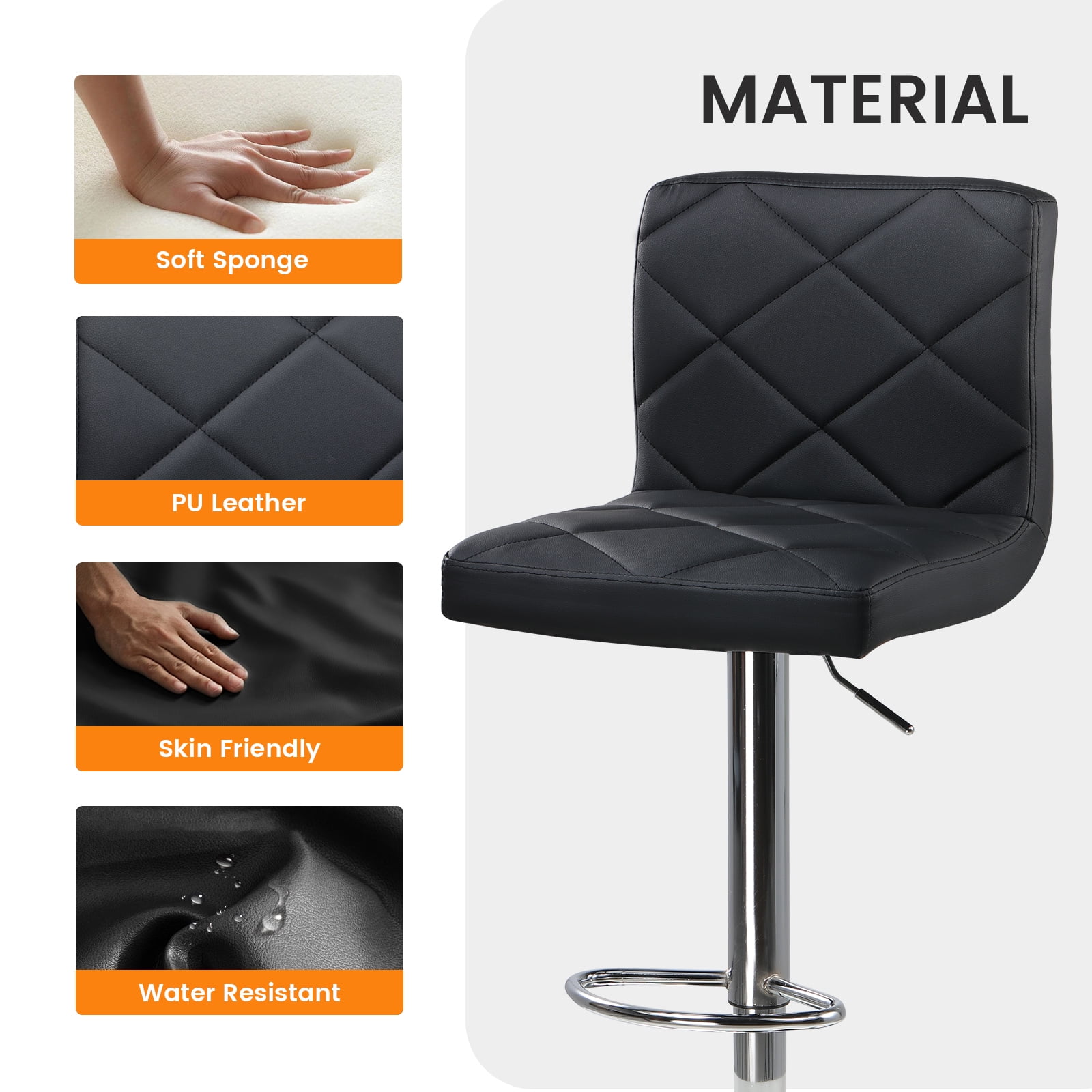 COMHOMA Bar Stools, Modern PU Leather Swivel Adjustable Hydraulic Bar Stool with 16.1” Wide Base, Height Adjustable Counter Stool Set of 2, Black