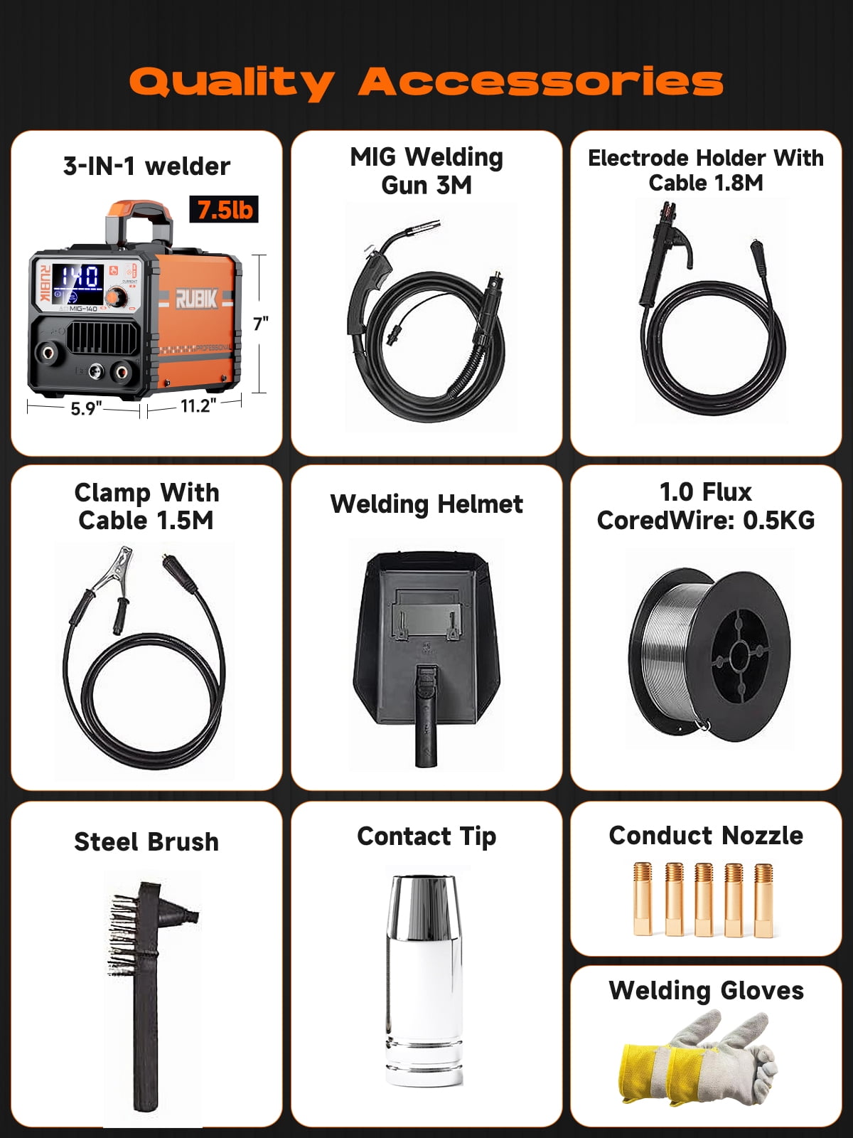Rubik 140A MIG Welder, 110V Flux Core MIG Welder/Lift TIG/Stick 3 in 1 Welding Machine with Synergy, IGBT Inverter Portable Gasless Welder Equipment with Welding Gun and 1LB Welding Wire