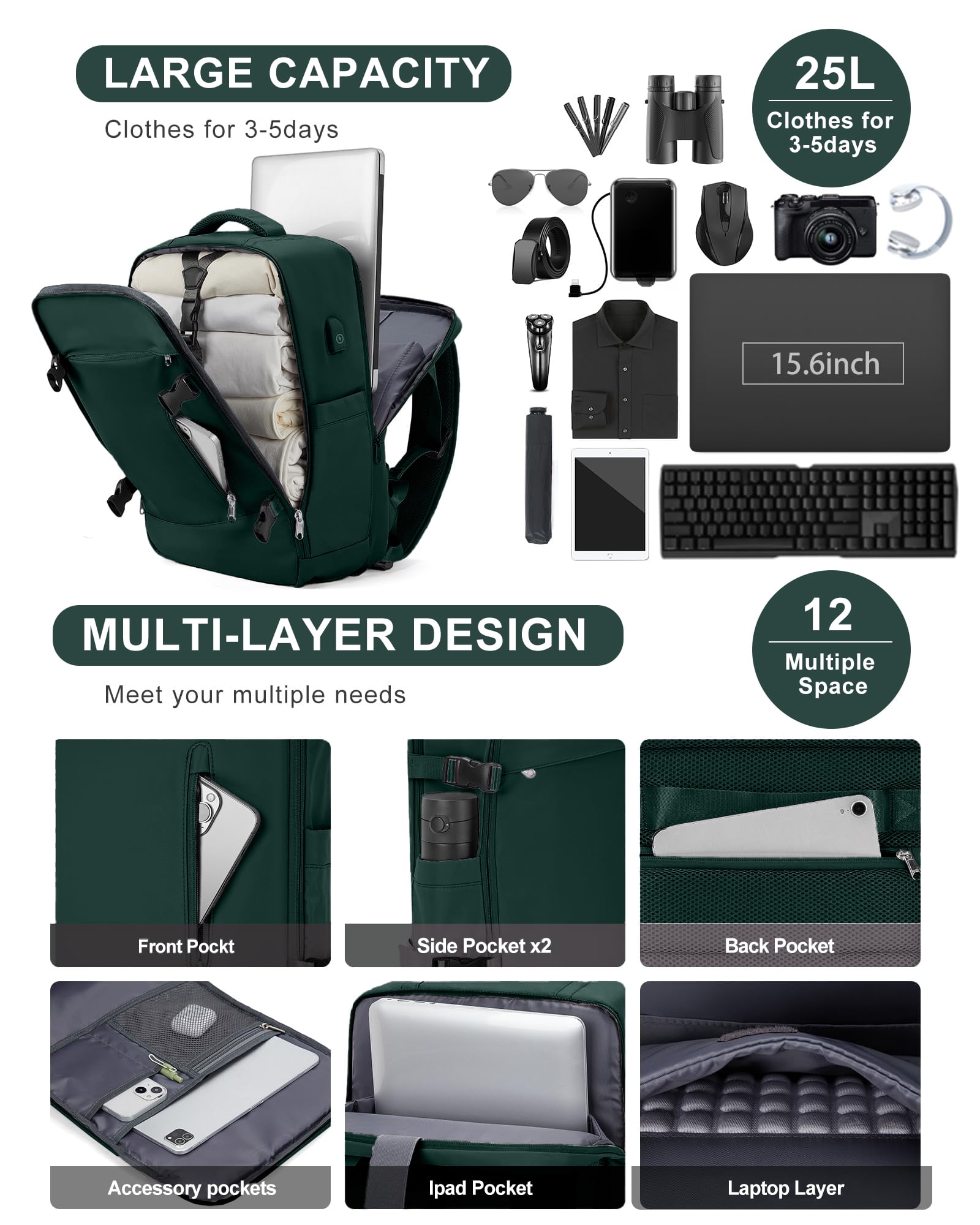 DAKIMOE Large Travel Backpack for Adults Carry on Laptop Backpack Flight Approved Waterproof College Bag with USB Charging Port & Shoe Pouch Casual Daypack for Women Men for Weekender Business, Green