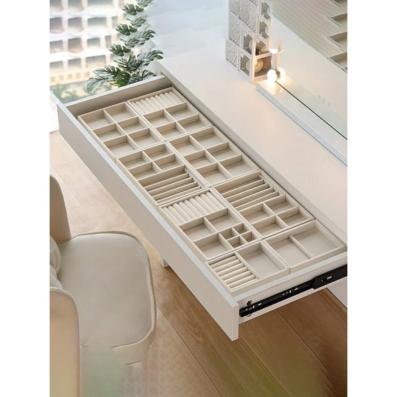 4pcs Beige Desktop Jewelry Display Storage Box Elegant Stackable Velvet Jewelry Tray Organizer Portable For Rings Earrings Necklaces 3 6 18Slot empty Pallet