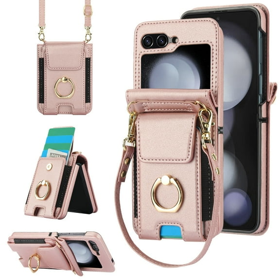 for Samsung Galaxy Z Flip 7 Wallet Case Crossbody, PU Leather Zipper Handbag Purse Flip Cover, Back Card Slots, Adjustable Shoulder Strap, Finger Ring Stand for Samsung Galaxy Z Flip 7, Rosegold