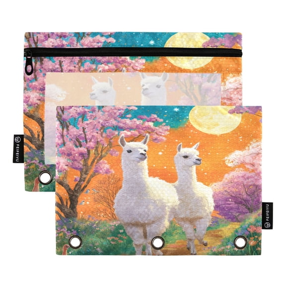 2 Pack 3 Ring Binder Pouch with Clear PVC Window Water Resistant Zipper Pencil Pouch White Llama Couple Binder Pocket for Classroom Office Home Stationery Organization