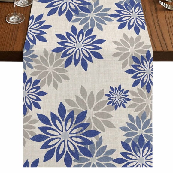 Table Runners 108 Inches Long Dress Scarves, Geometric Flower Farmhouse Coffee/Dining/Kitchen Table Runner for Living Room, Vintage Country Floral Blue Grey on Linen 13x108 Inch
