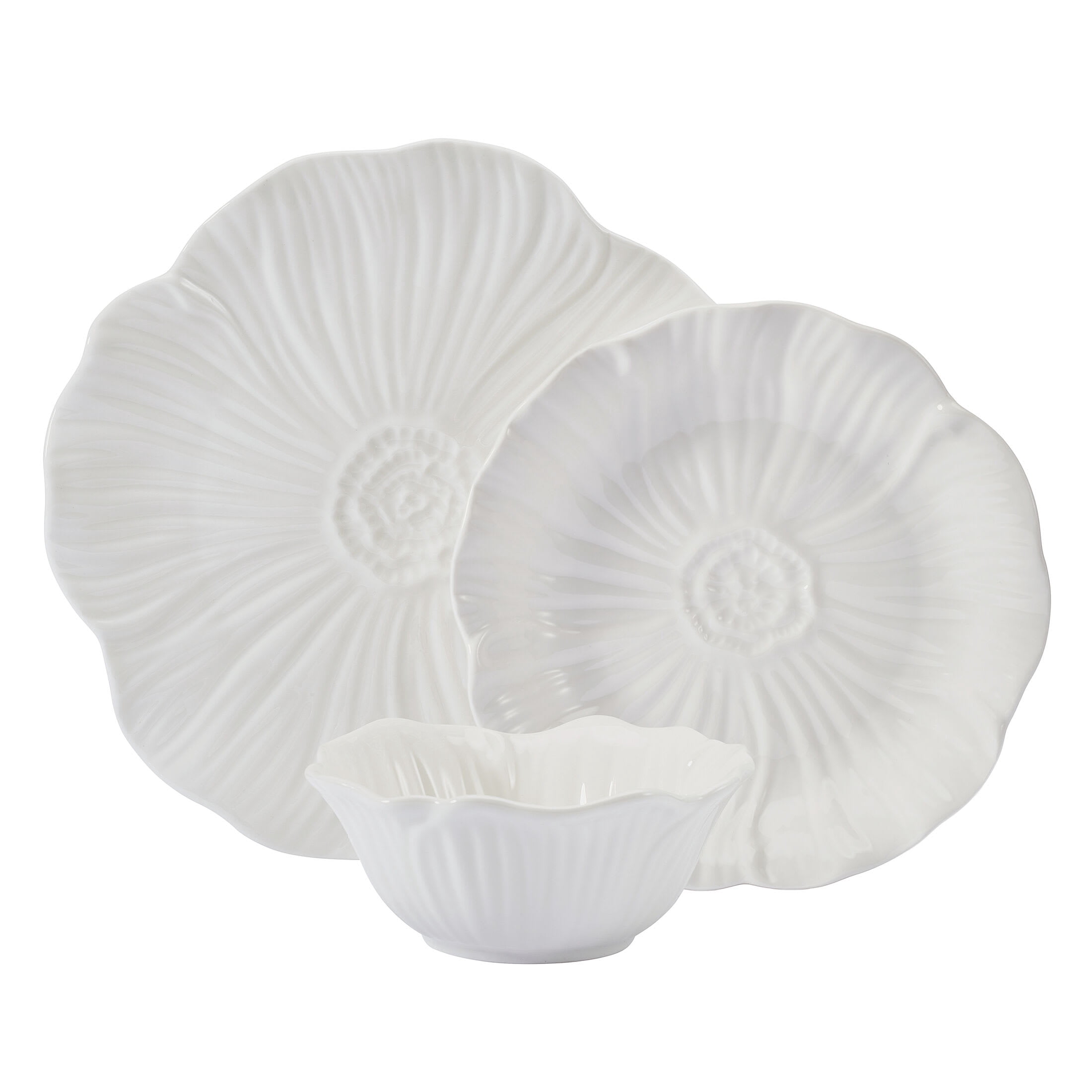 Beautiful by Drew Barrymore Embossed Flower 12 Piece Stoneware Dinnerware Set, 4 Piece Setting White