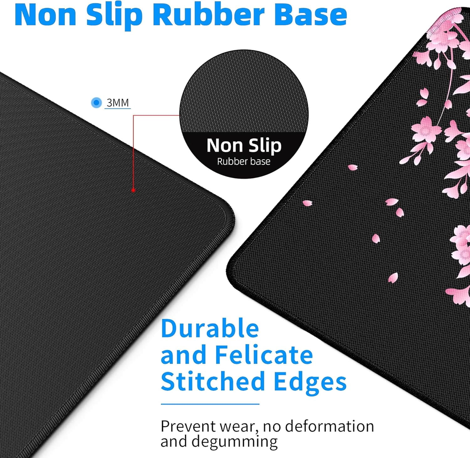 Japanese Cherry Blossom Gaming Mouse Pad Black Desk Mat, Long 31.5x11.8 Inch, Extended Big Desk Pad, Pink Flower Mousepad, NonSlip Base, Stitched Edges for Work Gaming Office