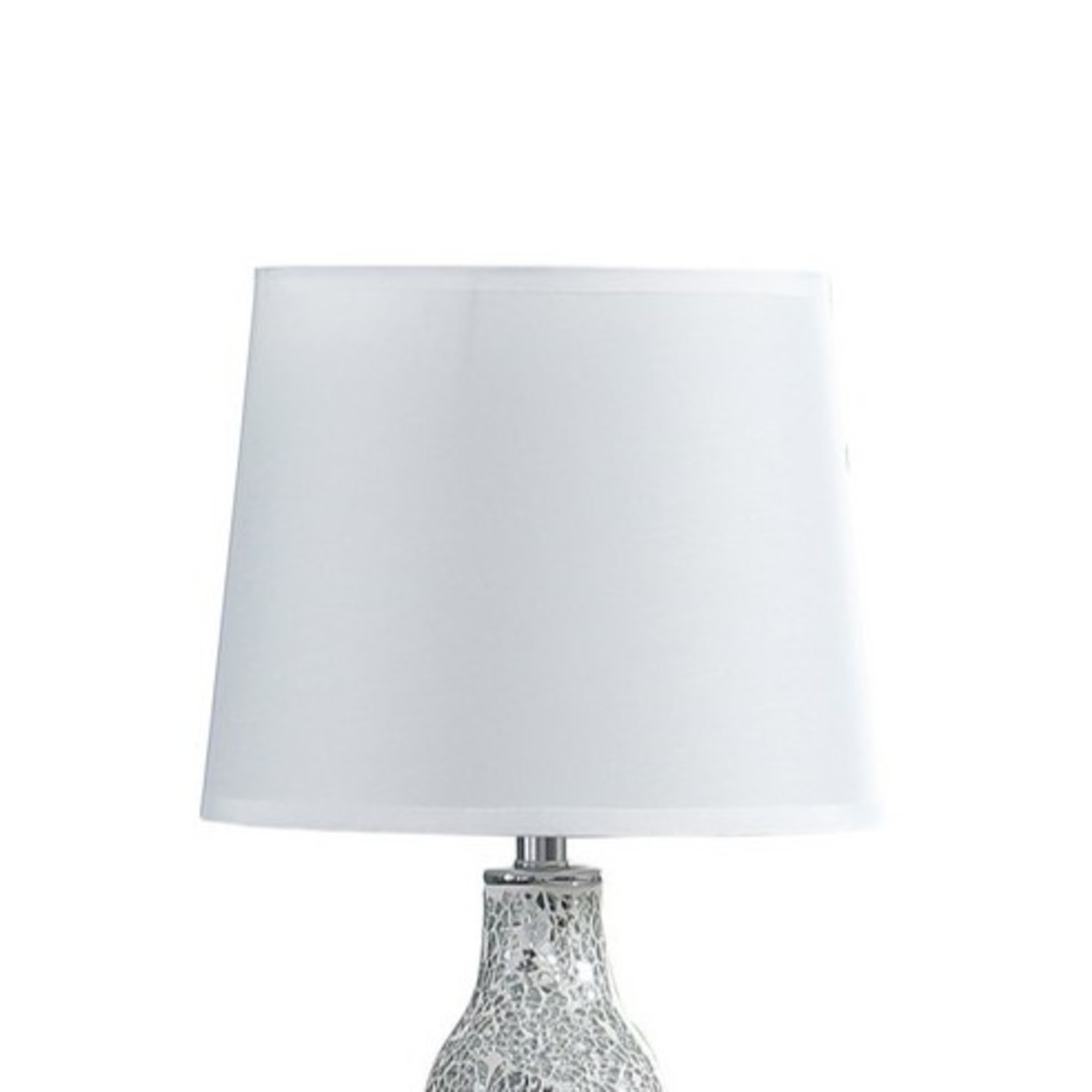 Noble House 19.5" Mirror Mosaic Table Lamp, Chrome Polyresin Base with White Linen Shade, Space-saving Design, Silver