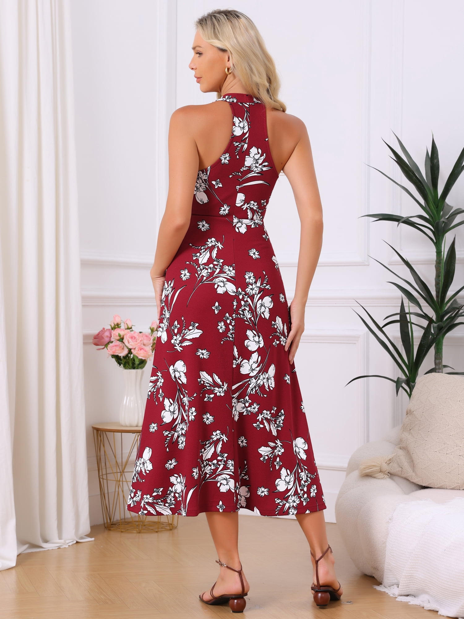 DARING DIVA Women's Halter Sleeveless A-line Maxi Floral Print Casual Sundress M Red Wine