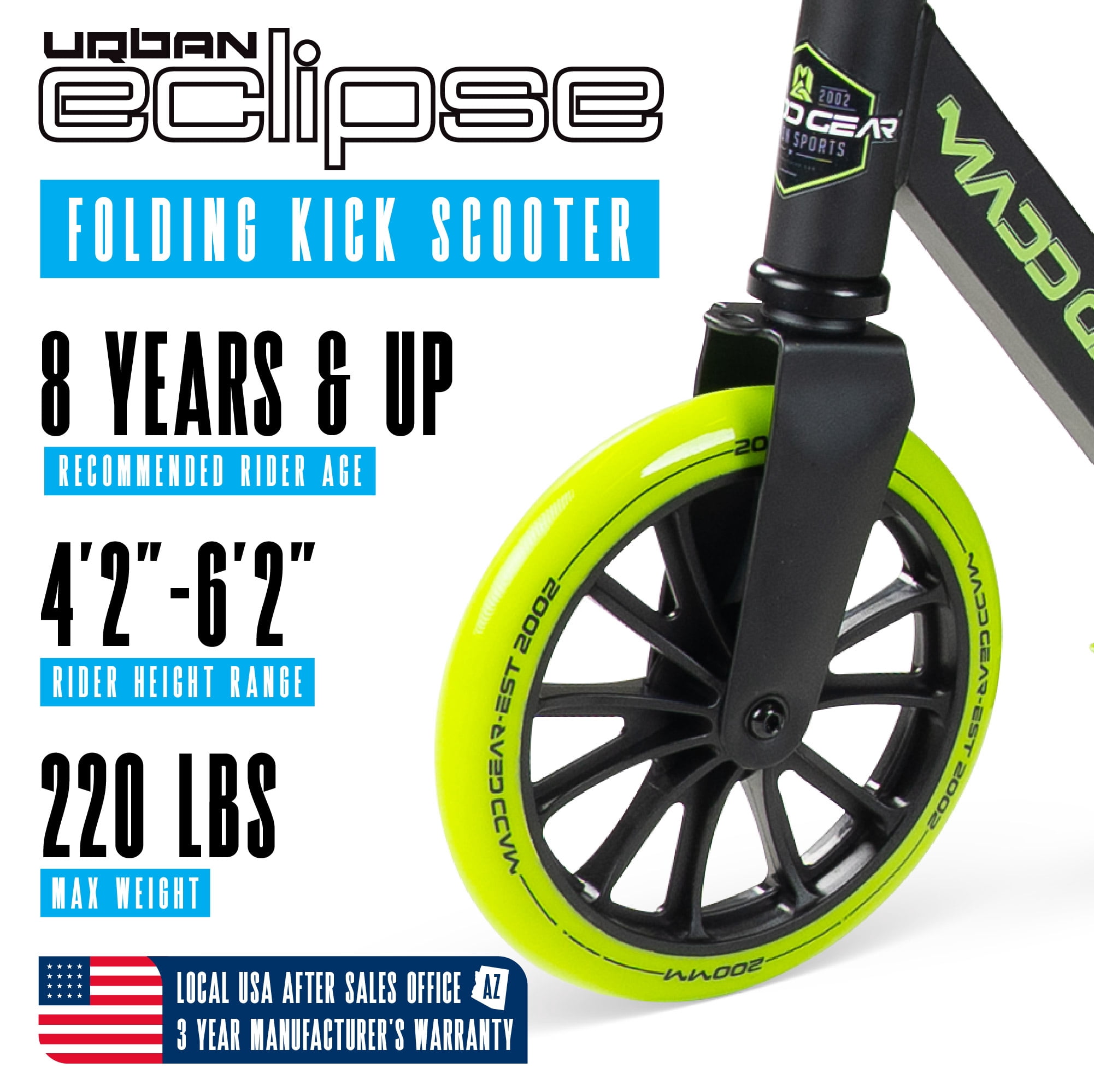 Madd Gear Eclipse Commuter 200mm Wheels Scooter - Great for Kids and Adults, Green