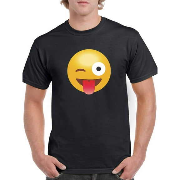 Winking And Sticking Tongue Icon At Medium Front Men Black T-Shirt, Male Medium