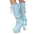 thumbnail image 2 of Xiaoxatg Women's -High Boots Solid Color Square Toe Thick High Heels Platform Glossy Leather Lace Up Pearl Chain Fashion High Boots 8 Blue, 2 of 7