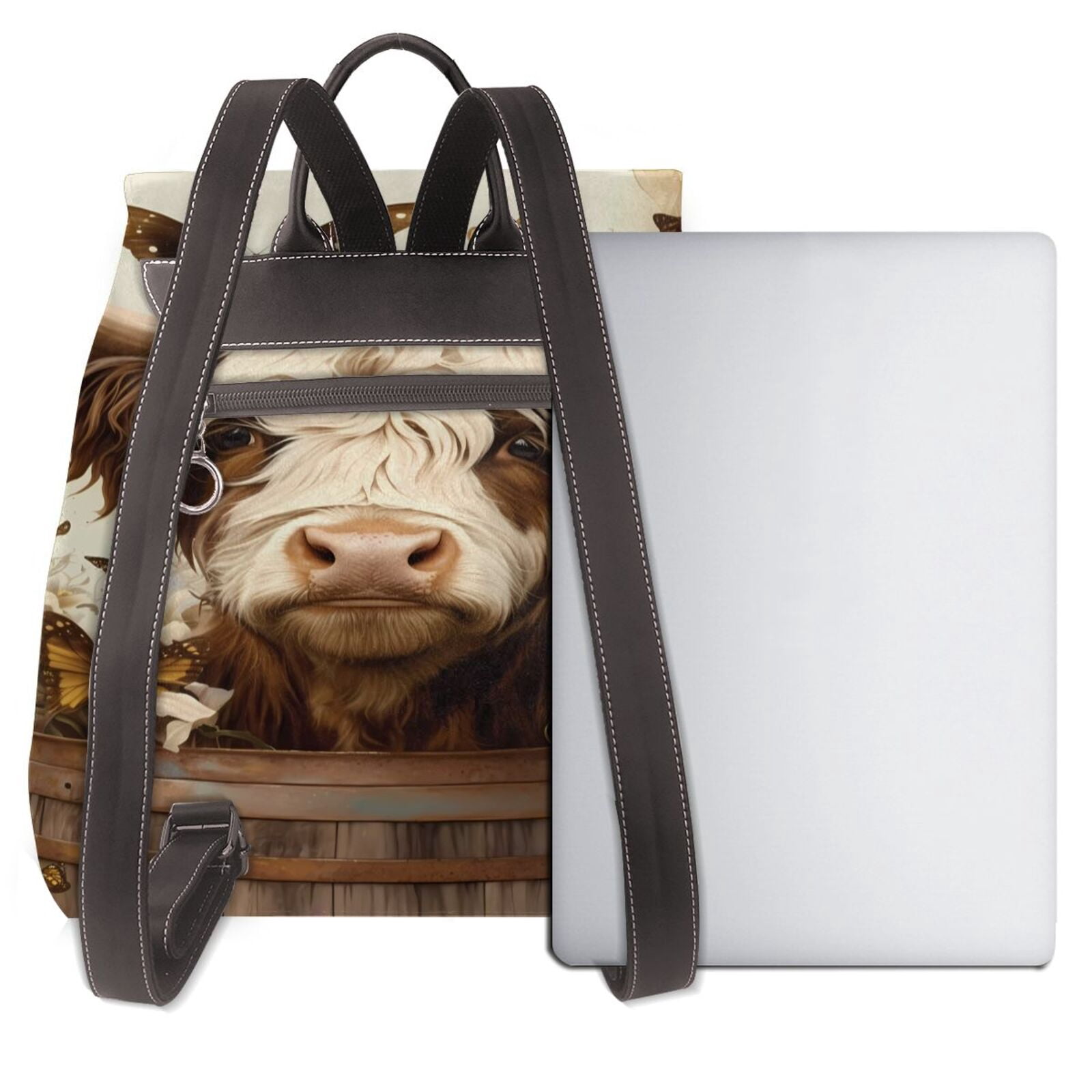 Kuqiui Butterfly Cow Barrel Print Leather Backpack Purse For Women Fashion Ladies Vintage Bags Casual College Travel Backpacks bag