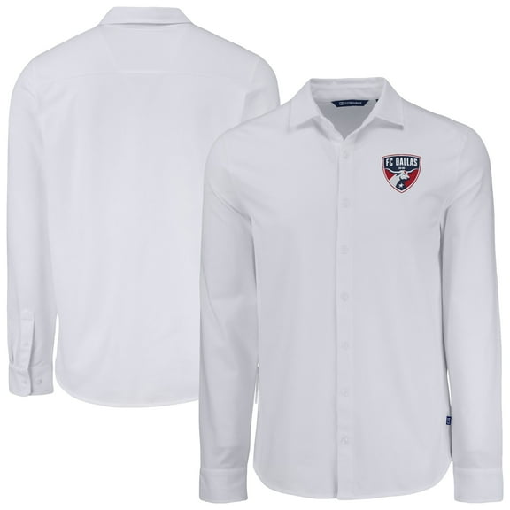 Men's Cutter & Buck White FC Dallas Knitted Advantage Tri-Blend Eco Soft Pique Long Sleeve Button-Up Shirt