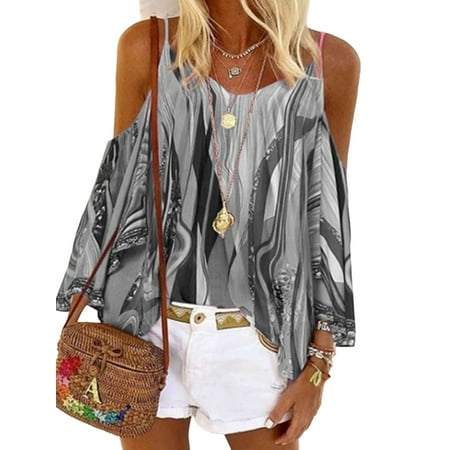 

JustVH Women s Sexy Flowy Loose Halter Shoudler Long Sleeve Print Top