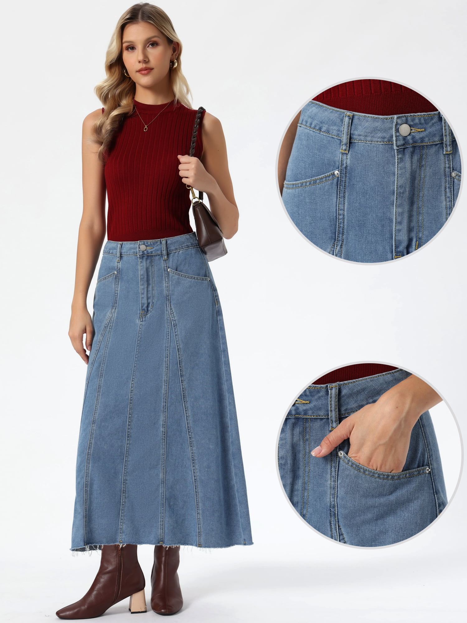 DARING DIVA Women's Denim Maxi Skirt High Waisted Flared Jean Skirts S Light Blue