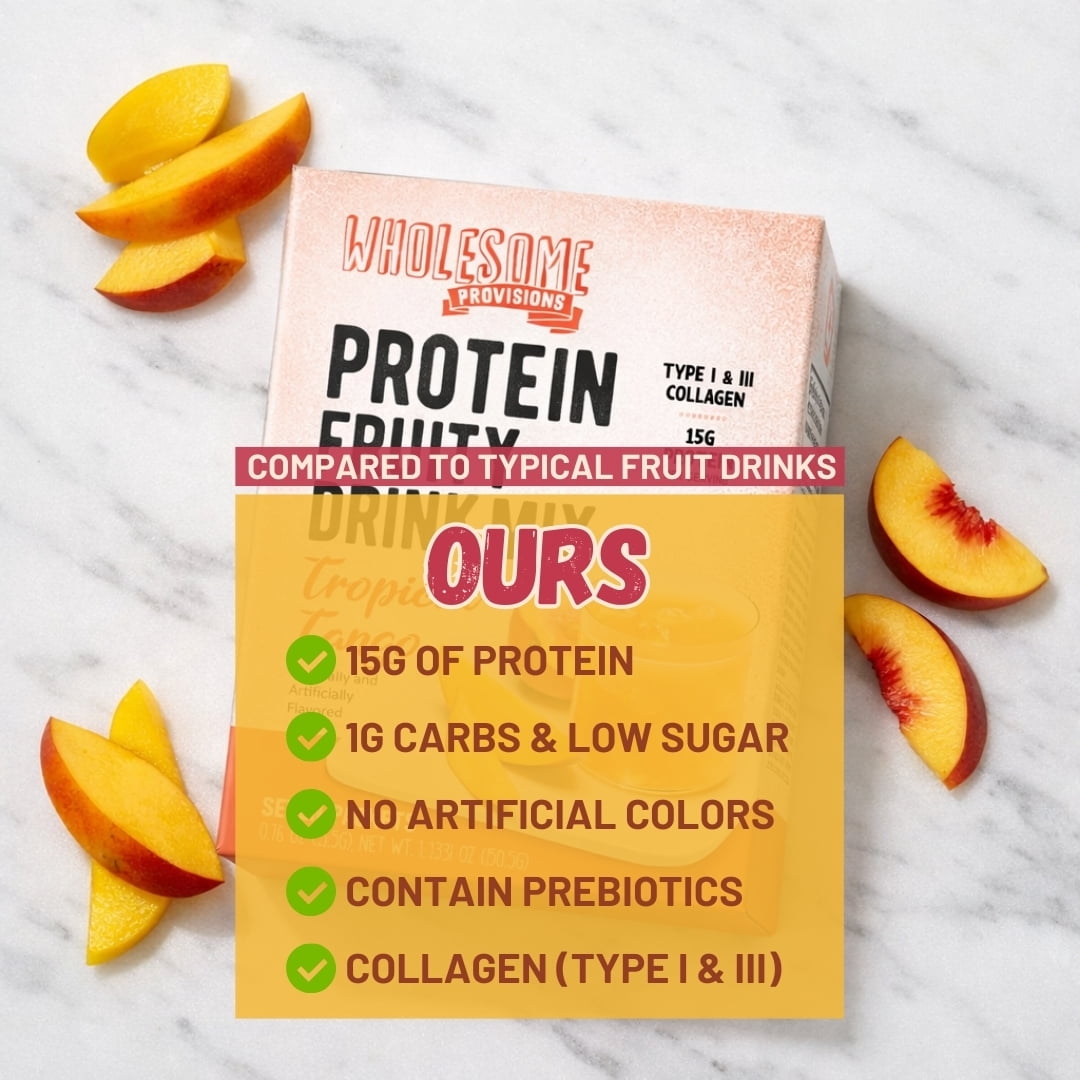 Protein Fruit Drink Mix, 15g Protein, Low Sugar, Collagen + Prebiotics, No Artificial Colors or Dyes, Refreshing by Wholesome Provisions(Pack of 3, Peach mango)
