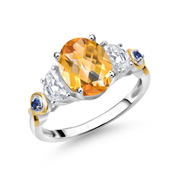 Gem Stone King 925 Silver and 10K Yellow Gold 3-Stone Ring Oval Checkerboard Yellow Citrine and Moissanite (2.15 Cttw, Size 8)