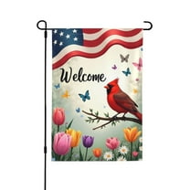 Welcome Spring Summer Garden Flag A Red Cardinal Bird American Patriotic Flowers Butterfly Garden Flag Vertical Double Sided Rustic Farmland Yard Lawn Outdoor Decor 12X18"