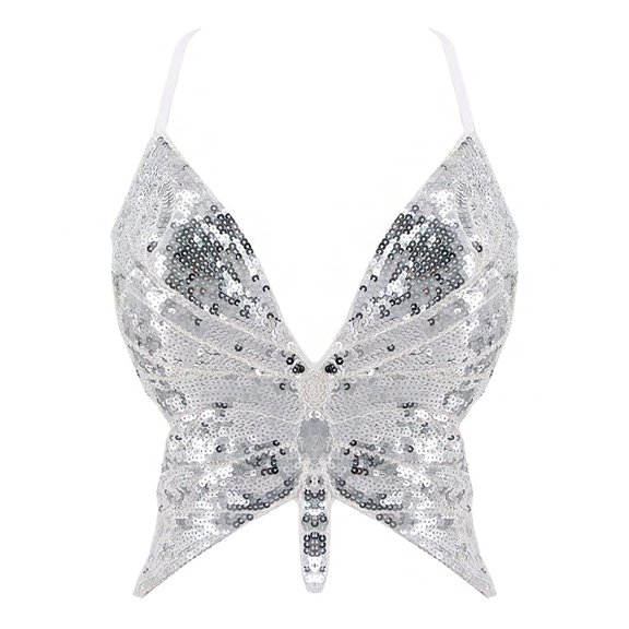 WNEGSTG Women Glitter Sequined Butterfly Crop Top Halter Backless Club Party Night Out Tank Top Silver