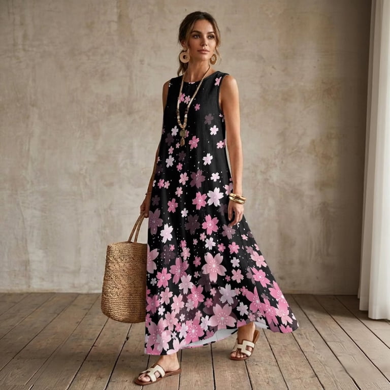 Jiueut Cherry Blossom Star Print Women Summer Casual Maxi Dress Sleeveless Long Dress with Pockets, Lightweight Linen Look Breathable Flowy Sundress
