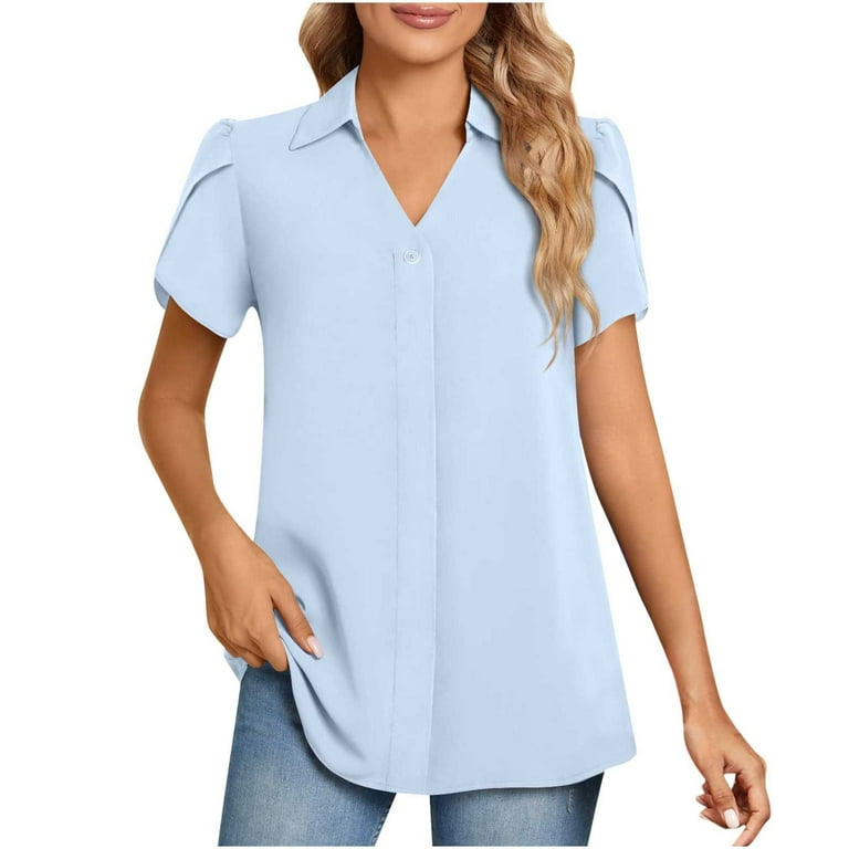 RQYYD Women's 2023 Summer Dressy Collared V Neck Chiffon Blouse Business  Tunic Petal Short Sleeve Shirt Flora Print Office Work Tops(Light Blue,S) 