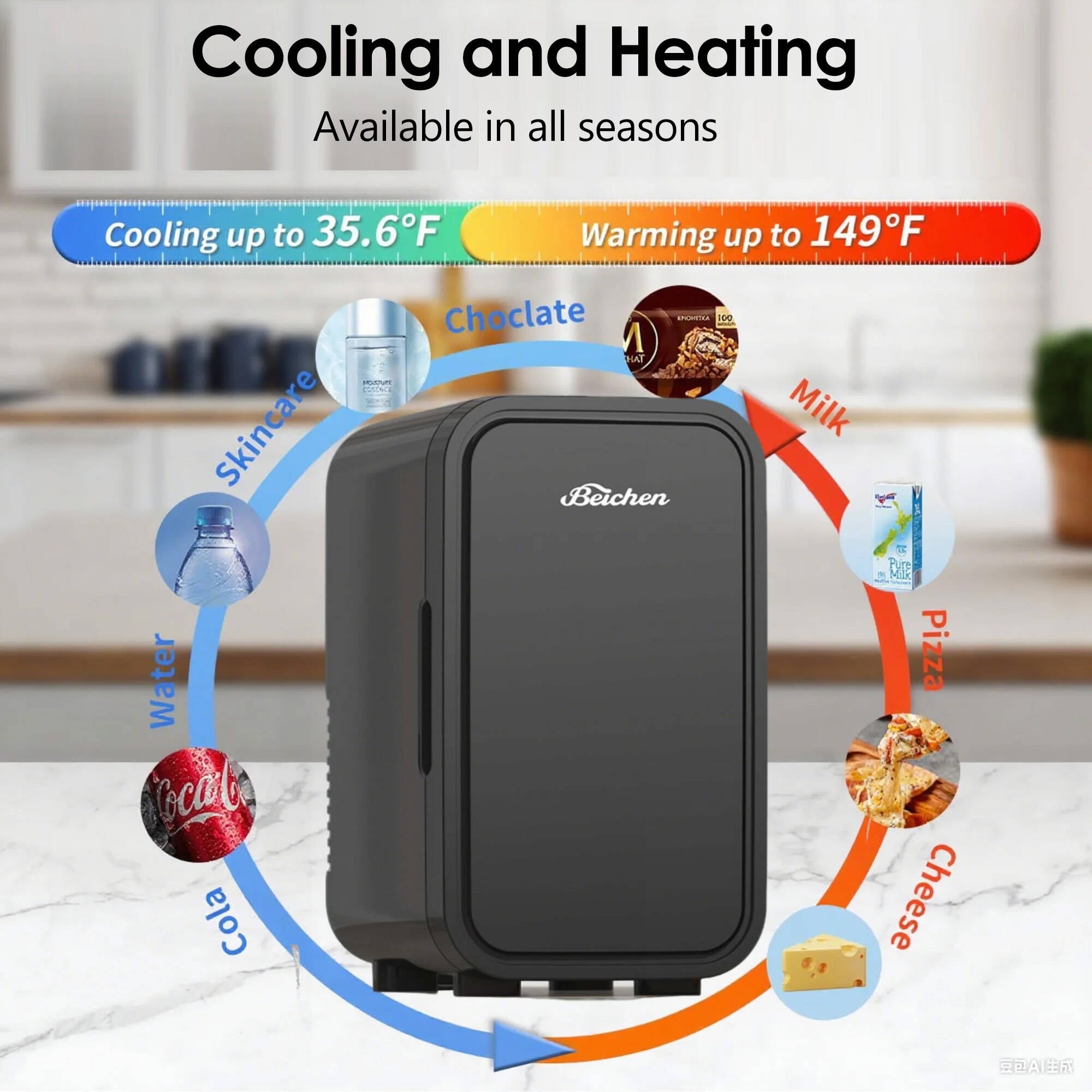 BEICHEN Mini Fridge, 6 Liter/8 Can Small Fridge, AC/DC Portable Skincare Fridge, Cooler and Warmer Refrigerators for Bedroom, Skincare, Beverage, Office, Dorm, Car, Black