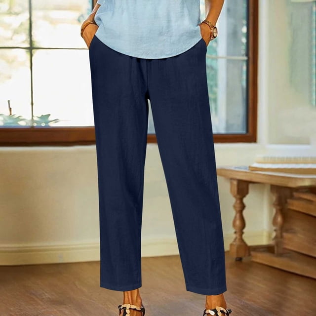 Baodmurt Shorts pour Femmes, Coton Lin Ample Uni Été Taille Élastique Pliée, Bleu P-3TG