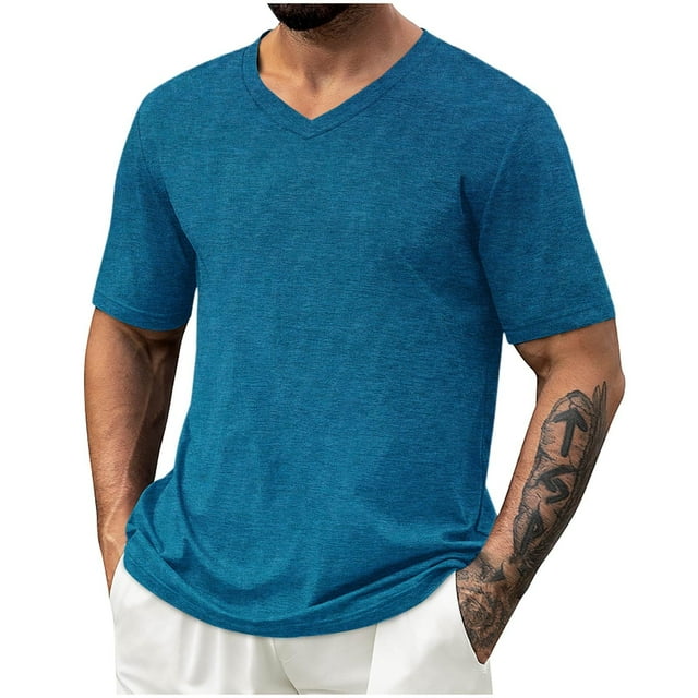 Erwazi Mens T Shirts Summer V Neck Short Sleeve Solid Color Soft Casual Basic Tee