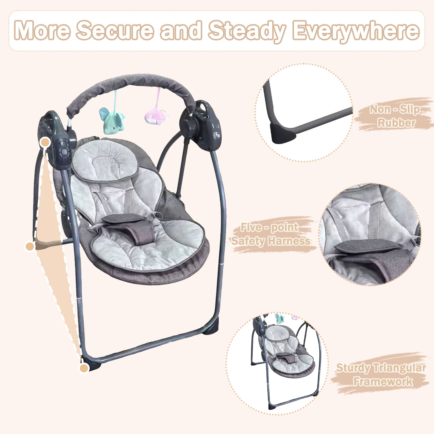 HDUTNGISN Gray Electric Baby Swing for Newborns,Motorized with Bluetooth Music & Remote Control