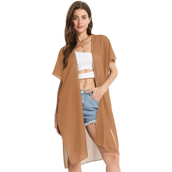 Beach Vacation Clothes Kimono Cardigan Loose Swimsuit Cover Up for Women Brown S