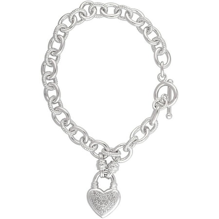 1/4 Carat T.W. Diamond Rhodium-Plated Heart Link Charm Bracelet, 7.5