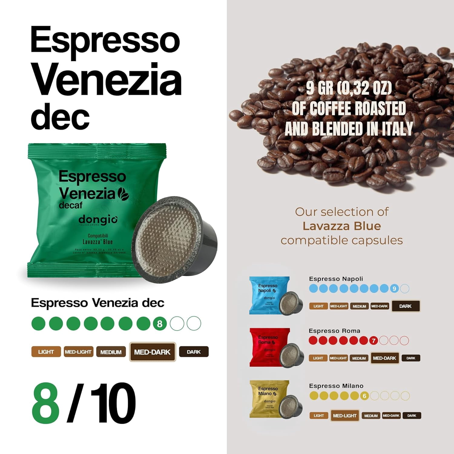 Dongio Caffe Espresso Venezia Decaf – Compatible with Lavazza Blue, Dark Roast Decaffeinated Espresso Capsules, 40 Count