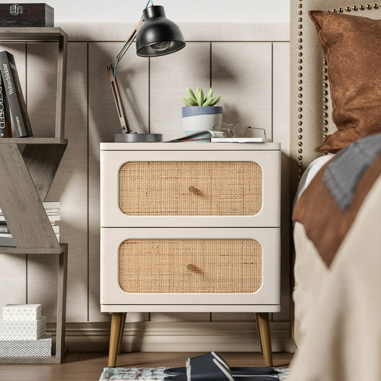 COZAYH 2-Drawer Wicker Rattan Nightstand, White Finish