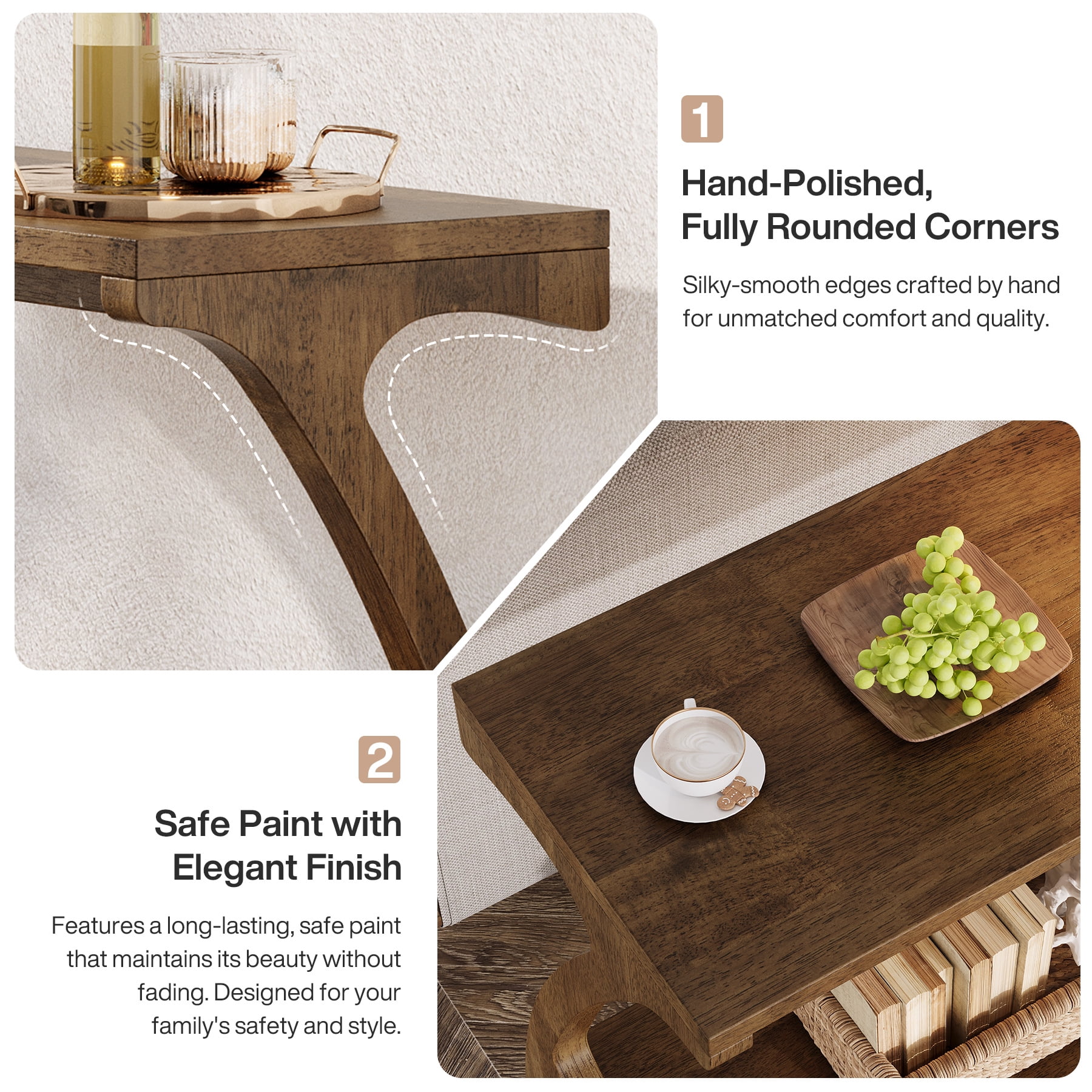 TRIBEWOOD Solid Wood End Table with 2-Tier Storage, Narrow Side Table for Sofa, Brown