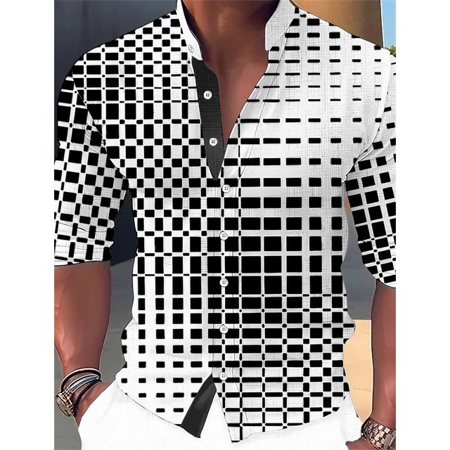 Camisa larga con cuello alto y botones con estampado de cuadros abstractos en 3D para hombre, nueva de verano, ropa de fiesta de diseñador para hombre, tallas S-6XL
