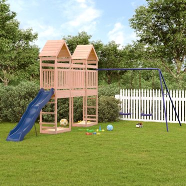 KidKraft Raptor Trail Wooden Outdoor Swing Set with Wavy Slide and Rock ...