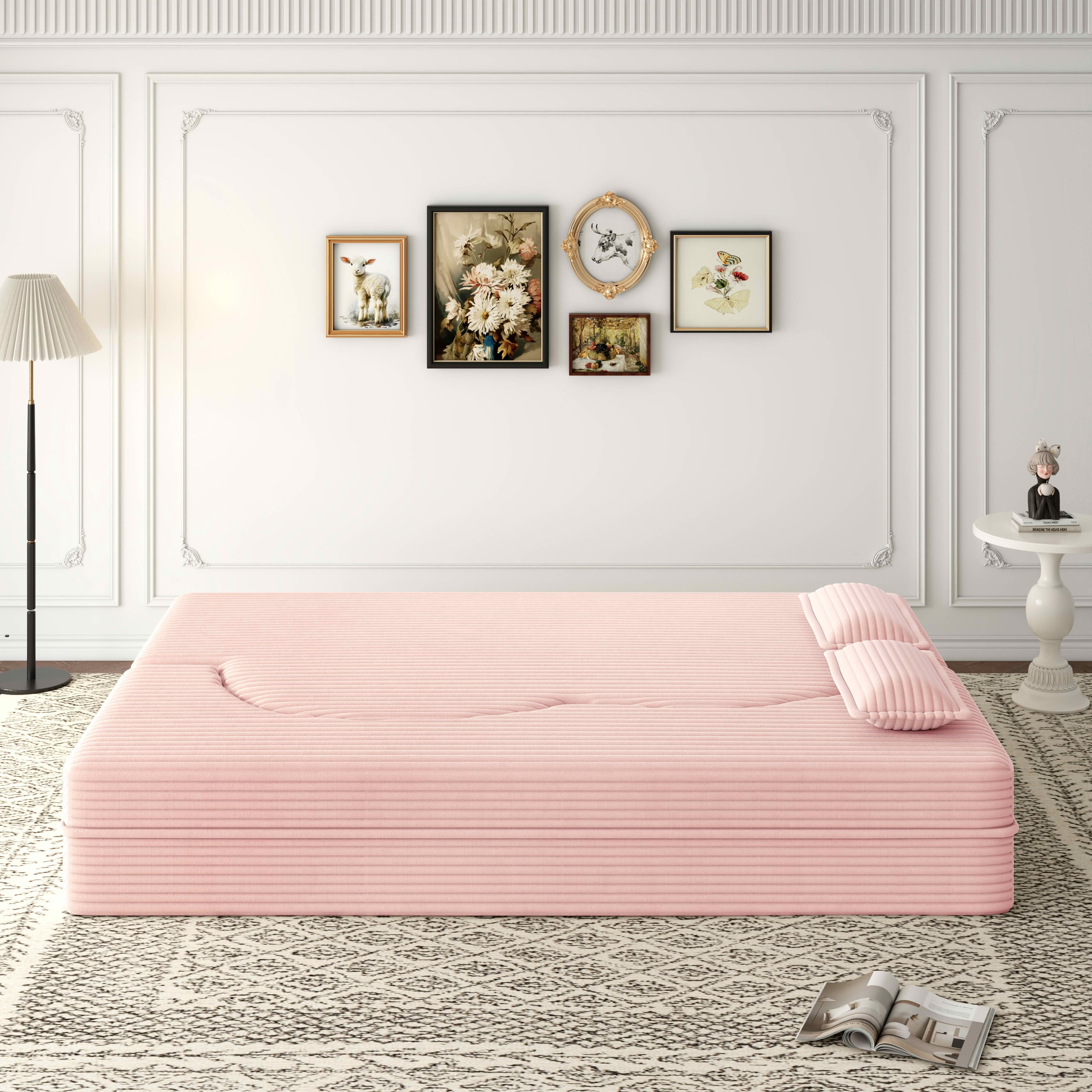MAYEERTY Vacuum Compressed Corduroy Foldable Foam Sofa Bed, Full Size Zero Assembly Floor Sleeper with 2 Pillows