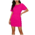 thumbnail image 2 of PNTUTB Women's French-Style Dress: Fashiona Solid-Color Round-Neck Short-Sleeve Fitted Dress with a Waist-Defining Pleated Design, 2 of 6