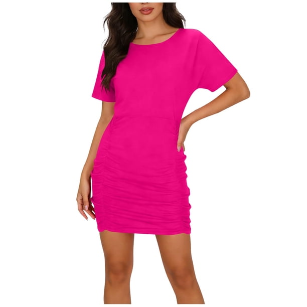 Vestido de Denim de Manga Corta Mujeres de Color Sólido Francés Cuello Redondo Manga Temperamento Estilo Corto Cadera Abrazar Falda Cintura Delgada Plegado Vestido de Manga Corta