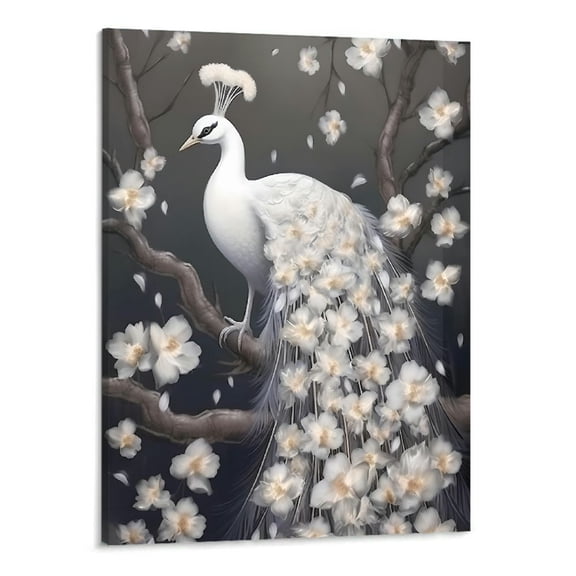 PRATYUS White Peacock Canvas Wall Art Picture 16x20in for Living Room Bedroom 16x20in