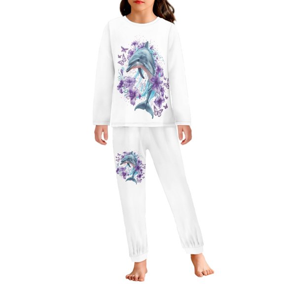 DISNIMO White Dolphin Flower Pajamas Kids Size 3 Pjs for Girls 2 Piece Pajama Set for Girls Long Sleeve Pajamas Kids Boys Crewneck Loungewear for Kids Sleepwear Boys