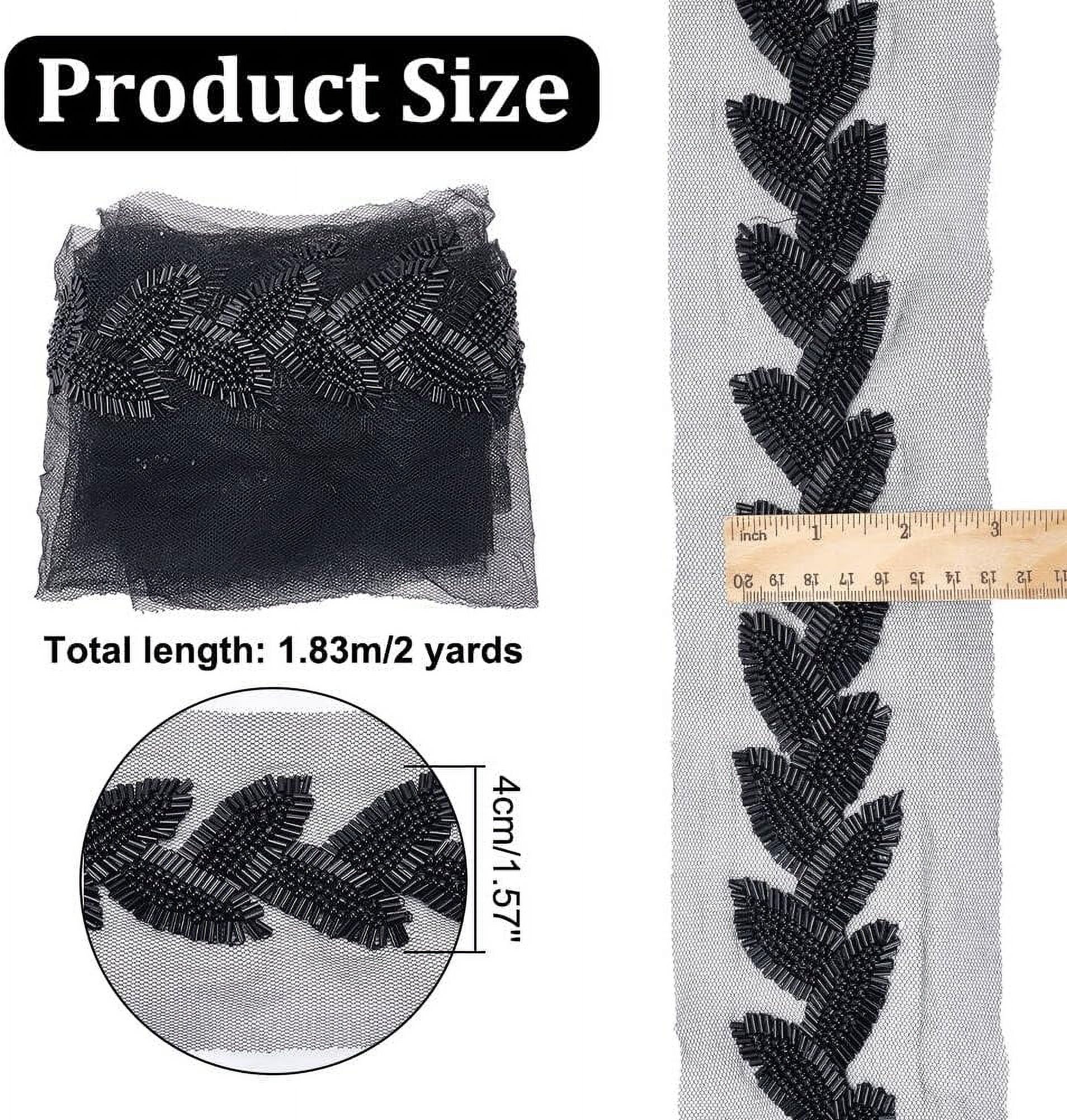 2 Yards Beaded Lace Trim Black Beaded Leaf Applique Ribbon 40mm Lace Mesh Ribbon Glass Bead Trim for Clothing Sewing Crafts Curtain Dance Skirt Decoration Accessories Black
