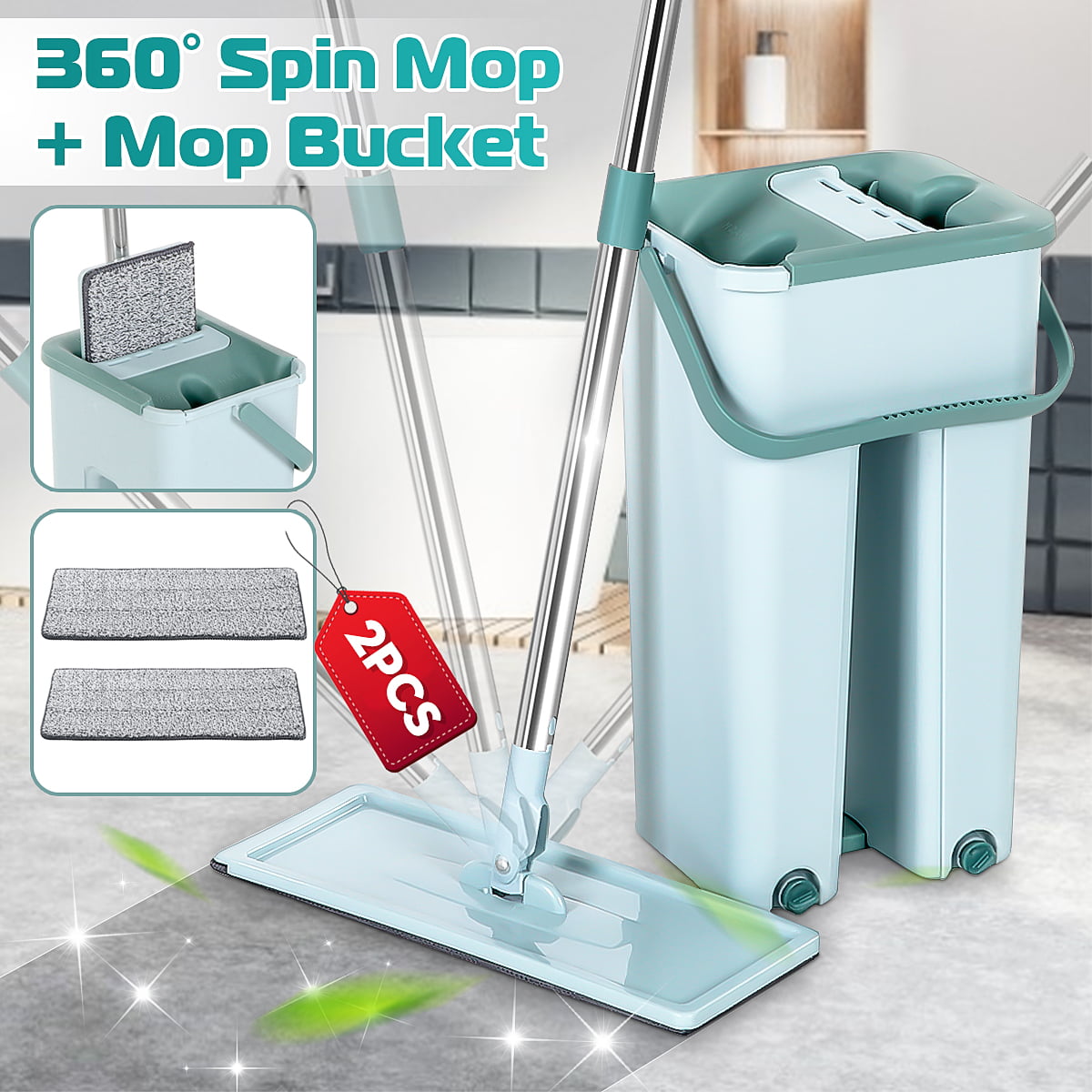Flat Squeeze Mop Wet Dry Dual Use 360° Rotatable And Bucket Set Eas 