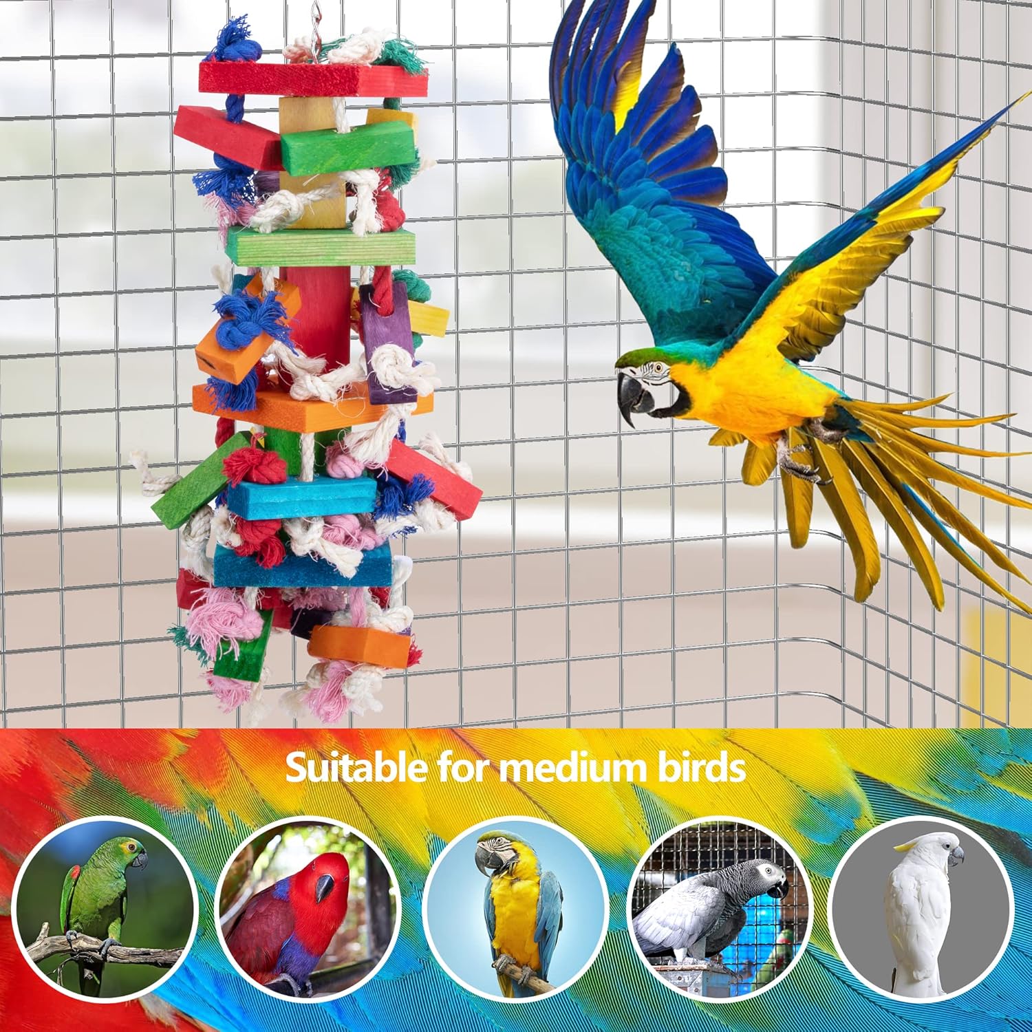 Ebaokuup Bird Block Knots Tearing Toy- 19.7 inch Multicolored Natural Wooden Parrot Chewing Toy Suggested for Macaws cokatoos, African Grey and a Variety of Amazon Parrots. (Large Size)