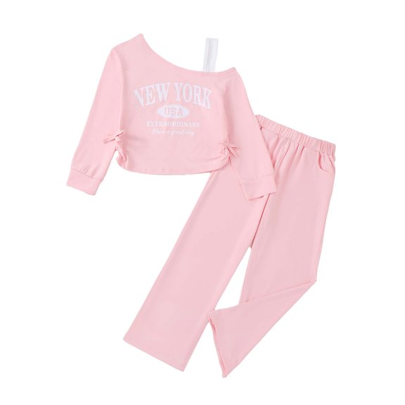 Yaoqi 9 Years Big Girl Outfit Set 10 Years Child Girls Winter Clothes Long Sleeves One Shoulder Letter Top Wide Leg Pants 2pcs Clothing Pink