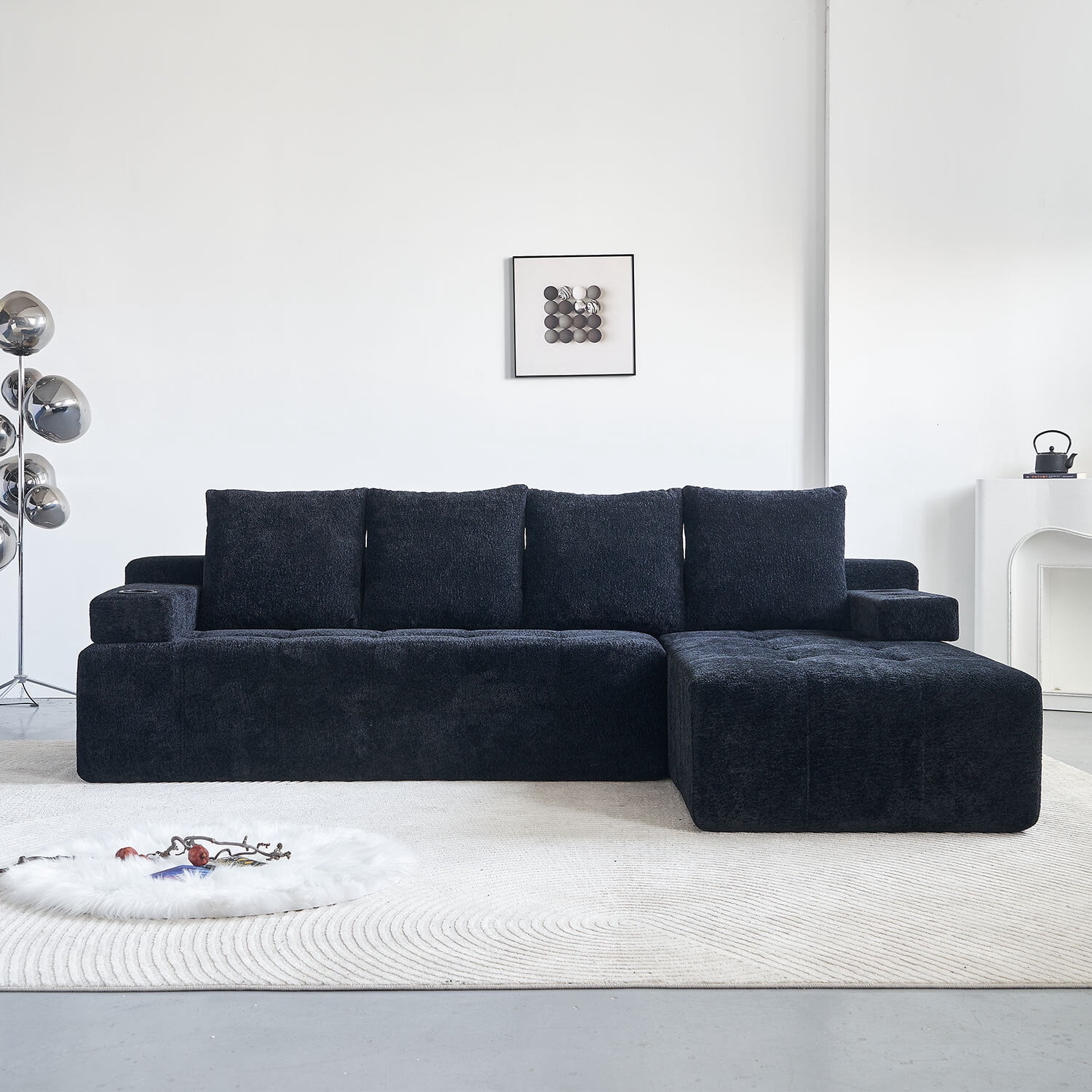 Modern L-shaped Tufted Sectional Sofa with Built-in Wireless Charging & Bluetooth Speaker,Reversible Chaise with Chenille Sofa Couch, USB Port, Cup Holders, Black,Perfect for Small Apartments