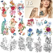 Yazhiji 15 Sheets Large Fake Tattoos for Girls, Waterproof Peacock Sexy Flowers Temporary Tattoos for Women Flowers Collection (19X9 CM)